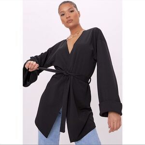 NWT PrettyLittleThing Black Belted Oversized Sleeve Blazer Sz. 0